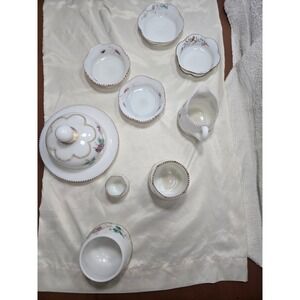 Vintage Milk Glass Floral Tea Vanity Set Gold Beaded Trim Purple Flowers 9pc